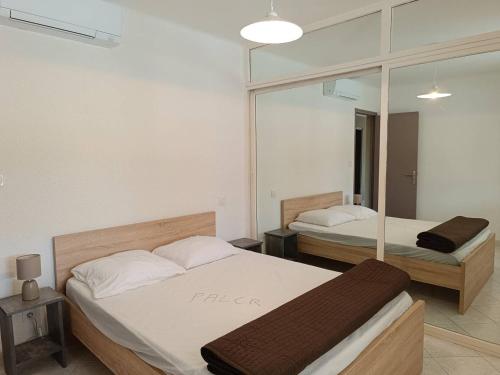 a bedroom with two beds and a mirror at Superbe villa T4 classée 3 étoiles avec piscine privative chauffée 8PALCR in Saint Cyprien Plage