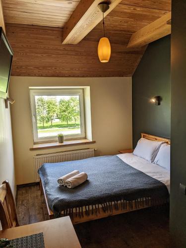 a bedroom with a large bed with a window at Guest House Kamara in Panevėžys