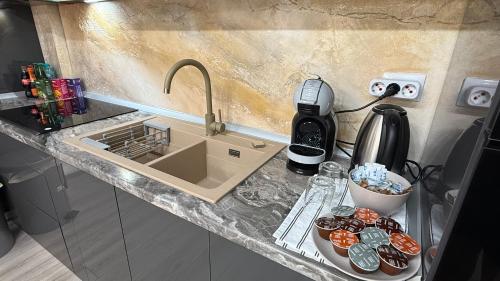 - un comptoir de cuisine avec évier et cafetière dans l'établissement City Place Luxury, à Târgovişte