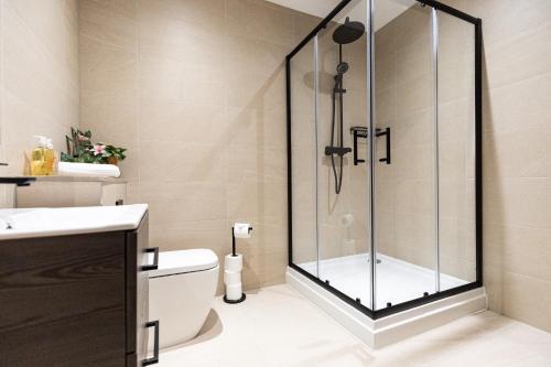 a bathroom with a shower with a toilet and a sink at Rock Mill 1 Bed Apartment 4 in Stoney Middleton