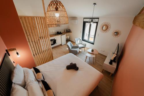 a room with a bed and a living room at Vina Rhona - Studios de charme tout équipés entre Rhône et Vignobles de Condrieu in Condrieu