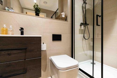 a bathroom with a shower and a toilet and a sink at Rock Mill 1 Bed Apartment 27 in Stoney Middleton