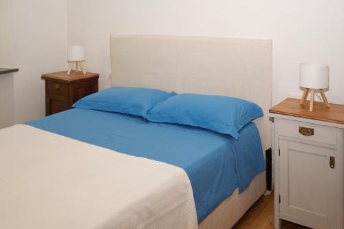 a bedroom with a bed with blue pillows and a night stand at La Casa del Mugnaio in San Pietro al Natisone