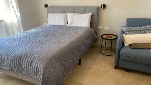 a bedroom with a bed and a blue chair at צימר על הנחל in Metsudat Menahem Ussishkin Alef