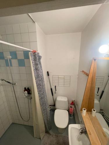 a small bathroom with a toilet and a sink at Järnvägsgatan 28 in Sundbyberg