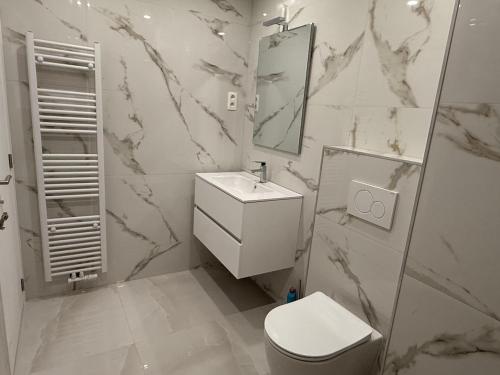 une salle de bain blanche avec un lavabo et des toilettes dans l'établissement Skyline WIFI Parking - Confort, à Bruxelles