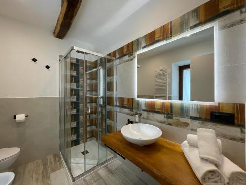 a bathroom with a sink and a glass shower at Il Gaudente B&B in Santa Fiora