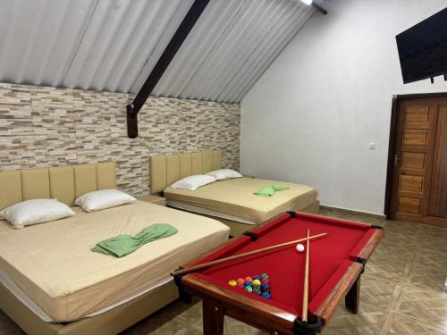 a room with two beds and a pool table at CHALET - SCEA 2222 Site Agrotouristique in Sinnamary
