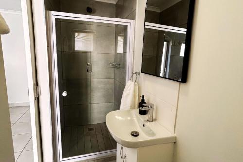 une salle de bain avec un lavabo et une douche dans l'établissement Luxury Vineyard Farmstay Flatlets, Somerset West, à Sir Lowry Pass