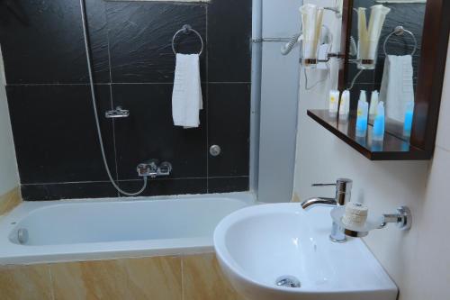 a bathroom with a sink and a shower at Melka International Hotel in Addis Ababa
