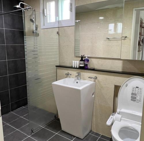 une salle de bain avec toilettes, lavabo et douche dans l'établissement 제주 웅장한 산방산뷰 사계2248 해무리동 감성숙소, à Sagye-ri