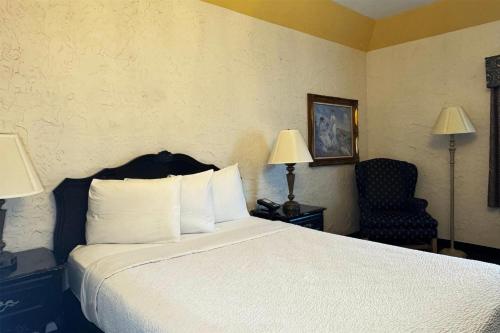 a hotel room with a bed and a chair at Chateau Hotel and Conference Center in Bloomington