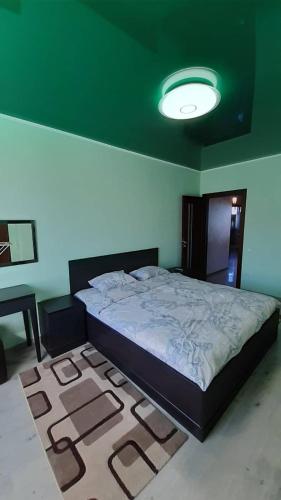 a bedroom with a large bed with a green ceiling at Apart in Ivano-Frankivsʼk