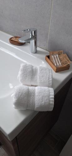 a white bathroom sink with towels on it at Le Jardin d'Anna - Pairi Daiza à 5km Proche Shape NATO in Chièvres