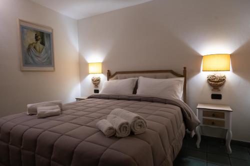 a bedroom with a large bed with towels on it at Blue Goose Apartment in Ronciglione