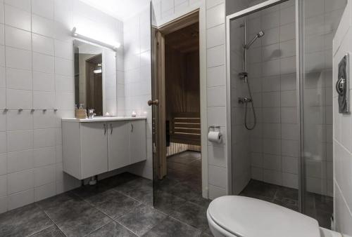 ein Badezimmer mit Toilette, Waschbecken und Dusche in der Unterkunft Family-Friendly Ski in-Ski out Retreat by Skarsnuten in Hemsedal