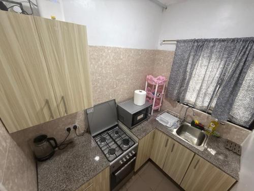 a small kitchen with a stove and a sink at Jackson's View in Kwabenya