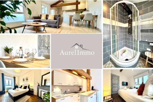 a collage of photos of a living room and a bathroom at Le Cocon Céleste - Appartement d'Exception - Vue sur les Alpes - Centre-Ville - Gare à 1 min in Valence