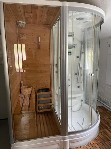 a shower in a glass enclosure in a bathroom at Ådalsvägenhus in Fågelfors