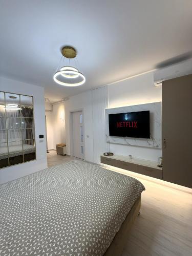 a bedroom with a bed and a television on the wall at Elite Glow Studio in Roşu