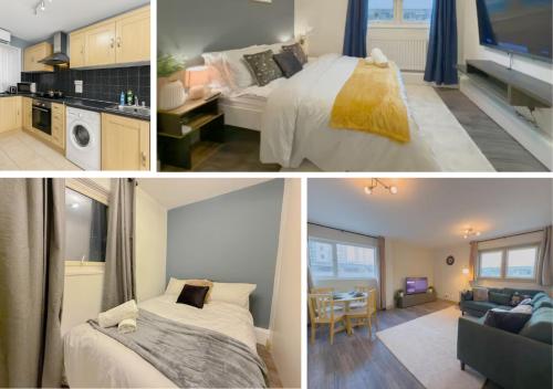 a collage of three pictures of a bedroom and a living room at Elegant 2BR Flat Liverpool Street Area Sleeps 5 in London