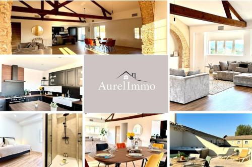 un collage de fotos de una sala de estar y una cocina en Les Arches d'Or - Loft d'Exception avec Jacouzzi - 3 Suites - Grande Terrasse - Vue Théâtre Antique - Centre-Ville, en Orange
