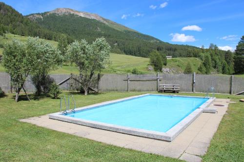 a swimming pool in the grass with a mountain in the background at Hotel Al Rom in Tschierv