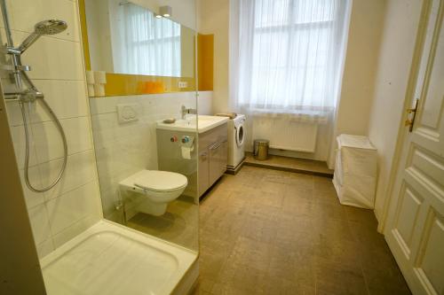 a bathroom with a shower and a toilet and a sink at Schlossquadrat Apartment 17 in Vienna