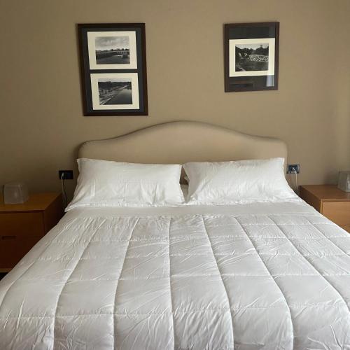 a bed with white sheets and two pictures on the wall at Civico 48 in Vizzola Ticino