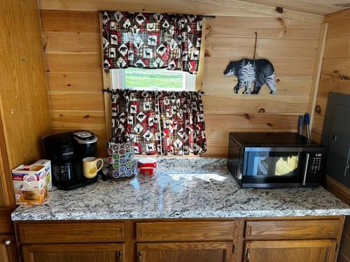 a kitchen with a counter with a microwave and a window at Bear Lake Retreat in Lake