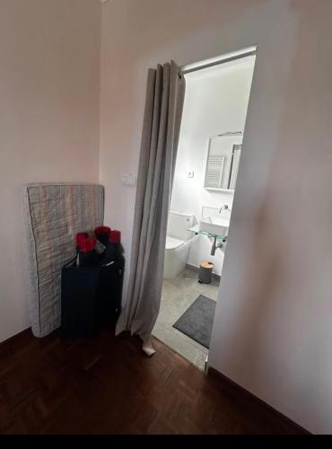 a room with a bathroom with a curtain and a suitcase at Casa das hortensias in Tabaçô