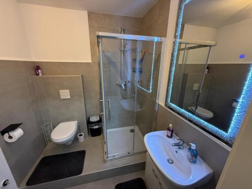 a bathroom with a shower and a sink and a toilet at Modern luxury apartment in Koblenz in Koblenz