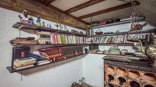 a room with shelves filled with books on a wall at Ninho do Melro - Turismo Rural Bragança in Bragança