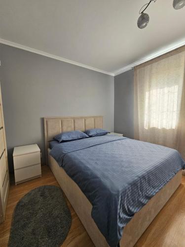 a bedroom with a bed with blue sheets and a window at Квартира in Zhezdi