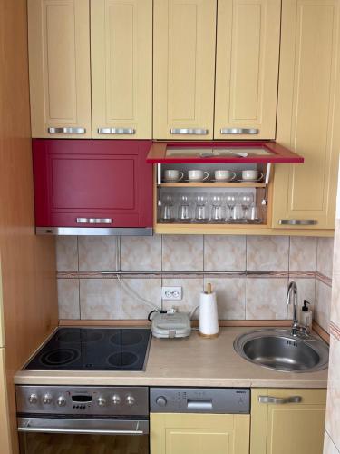 cocina con armarios rojos, fogones y fregadero en Comfy Downtown Apartment Prishtina, en Pristina