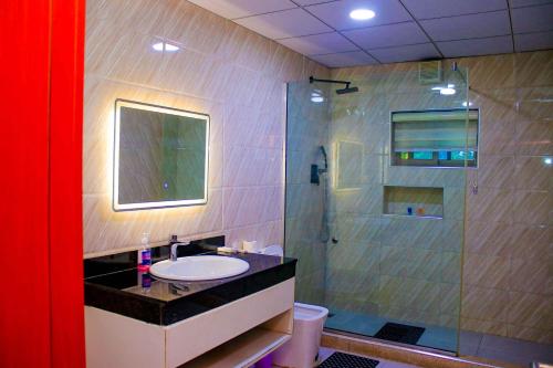 a bathroom with a sink and a glass shower at The Glass Residence Jabi in Abuja
