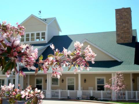 a house with pink flowering trees in front of it at Wine Country Inn in Palisade