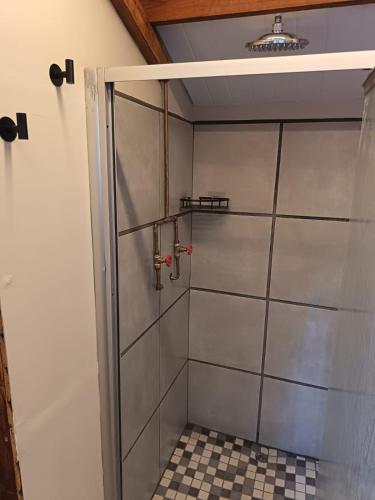 a shower stall with a door in a bathroom at Koinonia Bush Lodge in Hartbeespoort