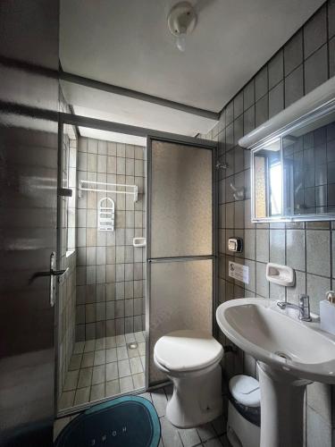 a bathroom with a toilet and a sink and a shower at Abdon Batista - Apto completo central, Smart TV in Joinville
