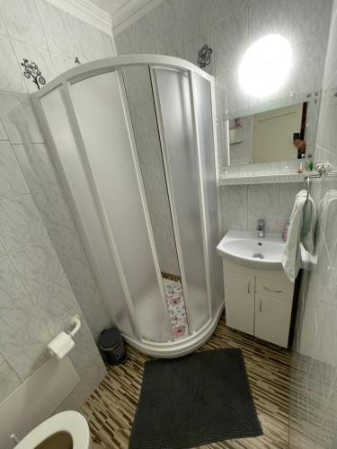 a bathroom with a shower and a toilet and a sink at Balaton-Lak Apartmanház in Siófok