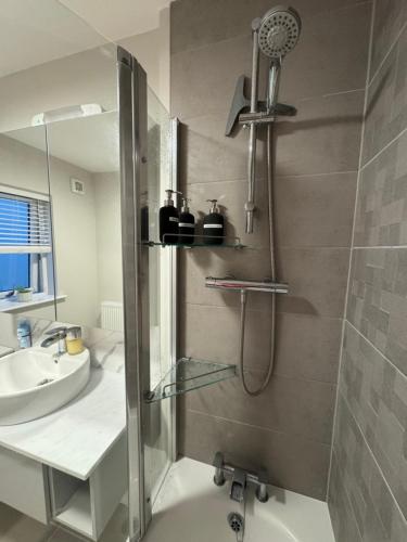 ベティーズタウンにあるCozy Coastal Home Bettystownのバスルーム(シャワー、シンク、シャワー付)
