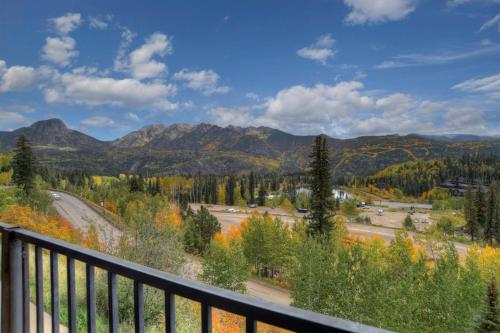a view of the mountains from a balcony at Peregrine Point 106 in Durango Mountain Resort