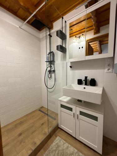 a bathroom with a sink and a shower at Niki Tóparti Pihenő in Gyékényes