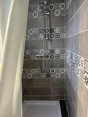 a bathroom with a shower with black and white tiles at Studio privé tout équipé in Roquefort-sur-Garonne