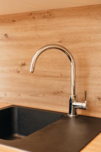 a kitchen sink with a faucet on a wooden wall at Chalupa U Pastvišť in Stachy