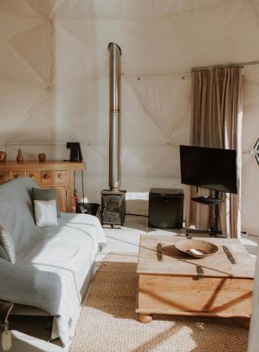 a living room with a couch and a fireplace at Star Gazing Dome 1 with cozy log burner in Horspath