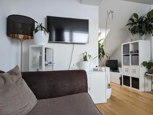 a living room with a couch and a flat screen tv at Best Penthouse in Vienna, 7min to 1st district in Vienna