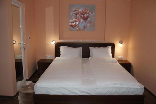 1 dormitorio con 1 cama blanca grande y una pintura en la pared en Center Guest House en Sapareva Banya
