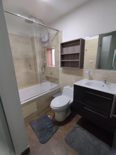 a bathroom with a toilet and a sink and a shower at Hotel Konfort Inn in Cali