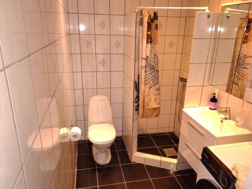 IkastにあるDelightful townhouse in Ikastのトイレ、シャワー、洗面台を備えたバスルーム